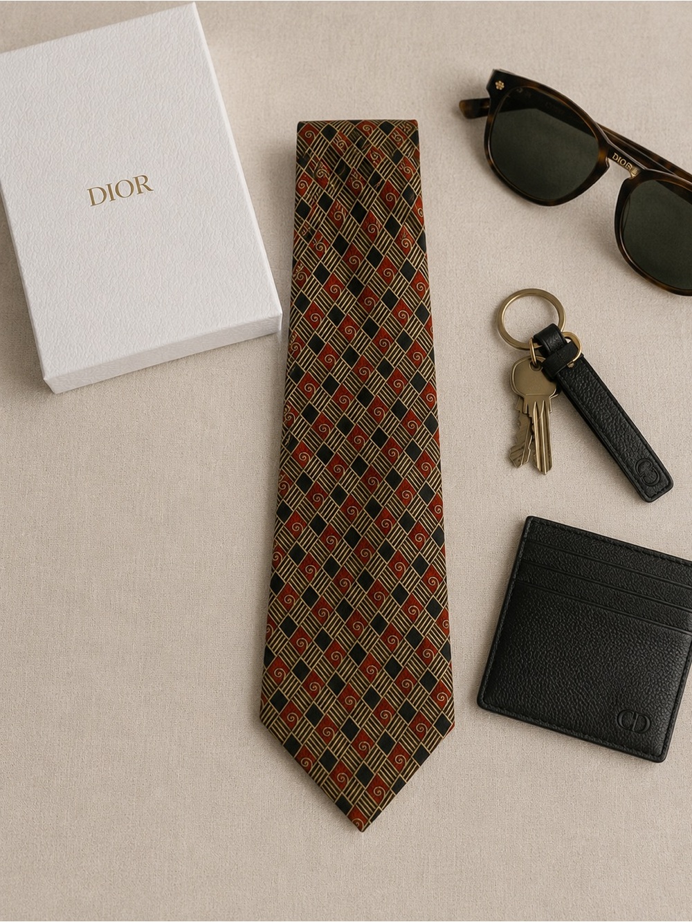 Authentic Vintage Christian Dior Monsieur Geometric Silk Tie | Red Navy Gold